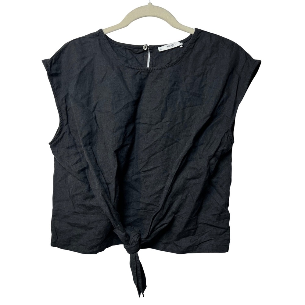 Mango Womens Top Front Tie Linen Blend 4 Black Sleeveless Blouse Shell 3091